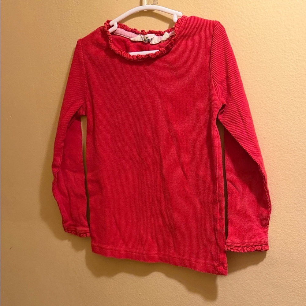 Mini Boden Bright Red Long Sleeve Ruffle Neck Tee